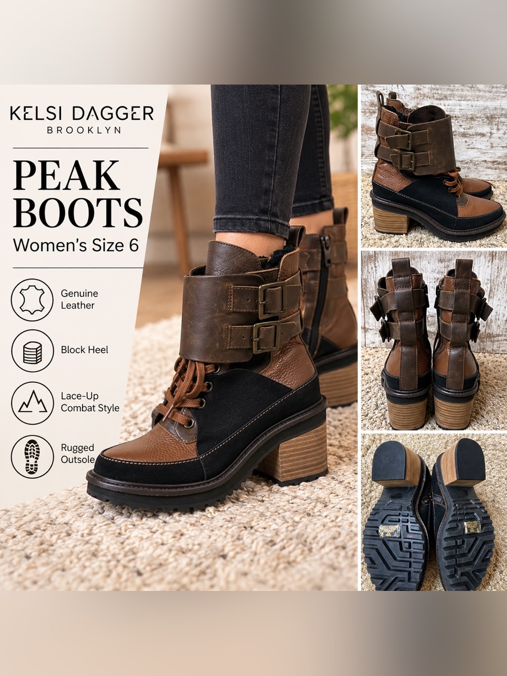 Kelsi Dagger Brooklyn Peak Boots Women’s Size 6 Brown Black Buckle Combat Boot